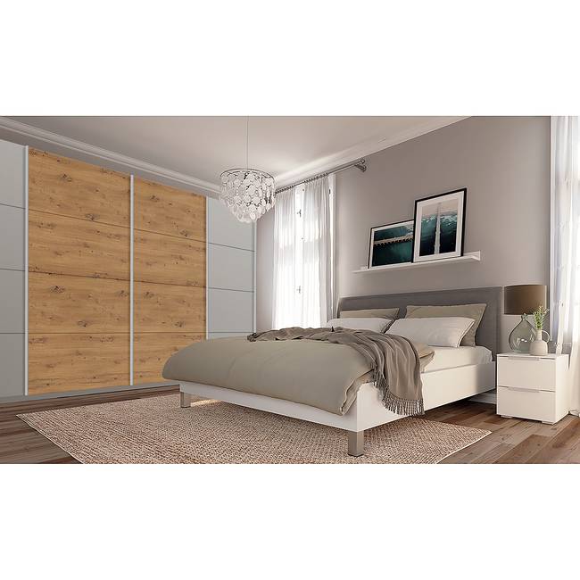 Schwebetürenschrank pure artisan 360 x 222cm Grau/Seidengrau/Eiche Artisan Dekor 4 Türen