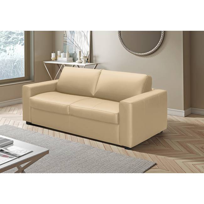 Schlafsofa Latino mit Matratze Beige Echtleder Mabel 202cm mit Schlaffunktion Modern
