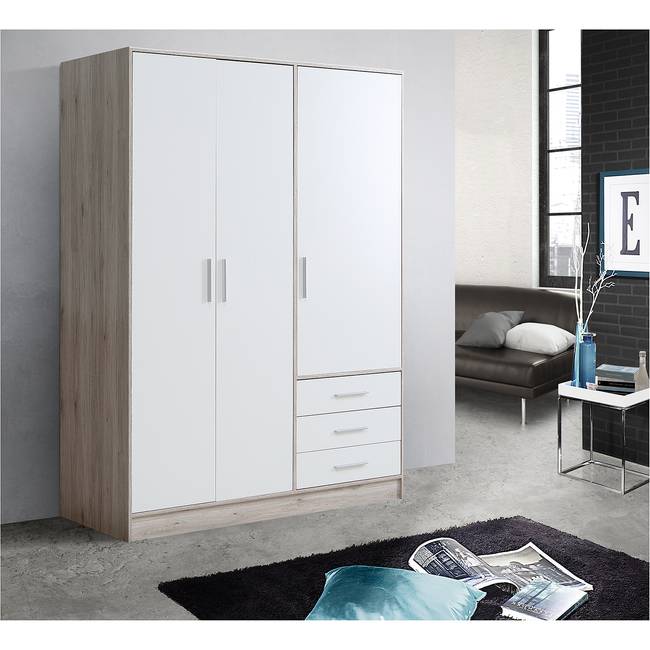 Drehtürenschrank Mindelberg 145cm Weiß/Beige/Weiß/Eiche Sonoma Dekor
