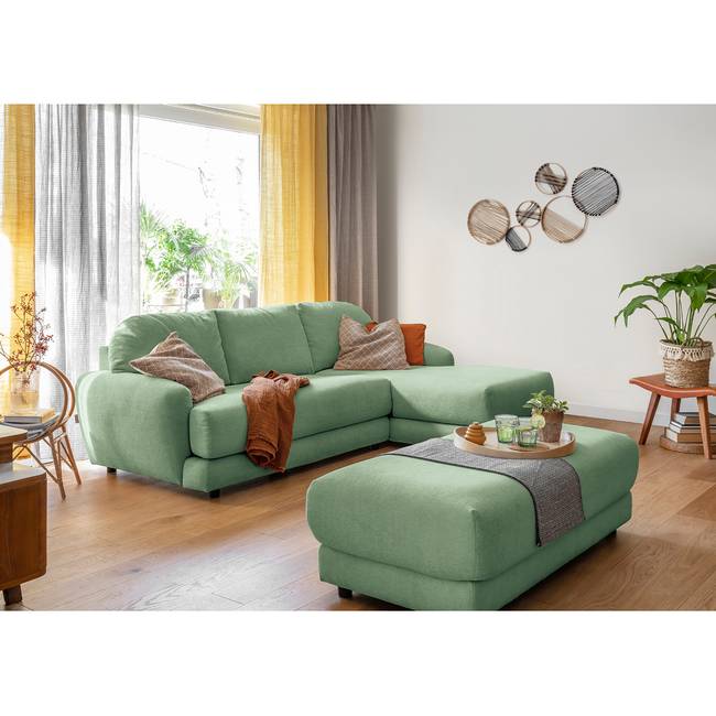 Ecksofa Tandil Grün Webstoff Dolly 234 x 84 x 164cm Longchair davorstehend rechts mit Hocker Modern