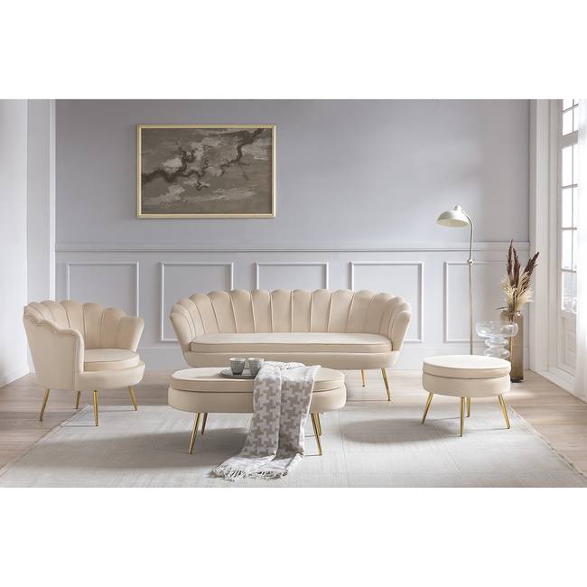 Sofa Ralemo 3-Sitzer Beige/Creme Samt 180 x 78 x 76cm Skandi