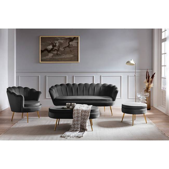 Sofa Ralemo 3-Sitzer Schwarz/Schwarz Samt 180 x 78 x 76cm Skandi