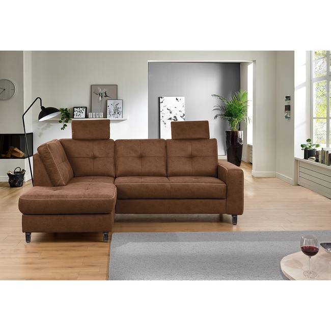 Ecksofa WadiWOOD III Braun Microfaser Taeko 227 x 91 x 170cm Ottomane davorstehend links ohne Schlaffunktion Skandi