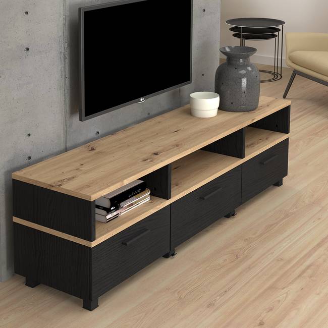 TV-Lowboard Spanplatte, foliert Schwarz/Eiche Schwarzbraun Dekor 162 x 49 x 41cm