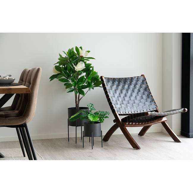 Loungesessel Lerum Teakholz Massiv Leder Schwarz/Schwarz 66 x 73 x 75cm