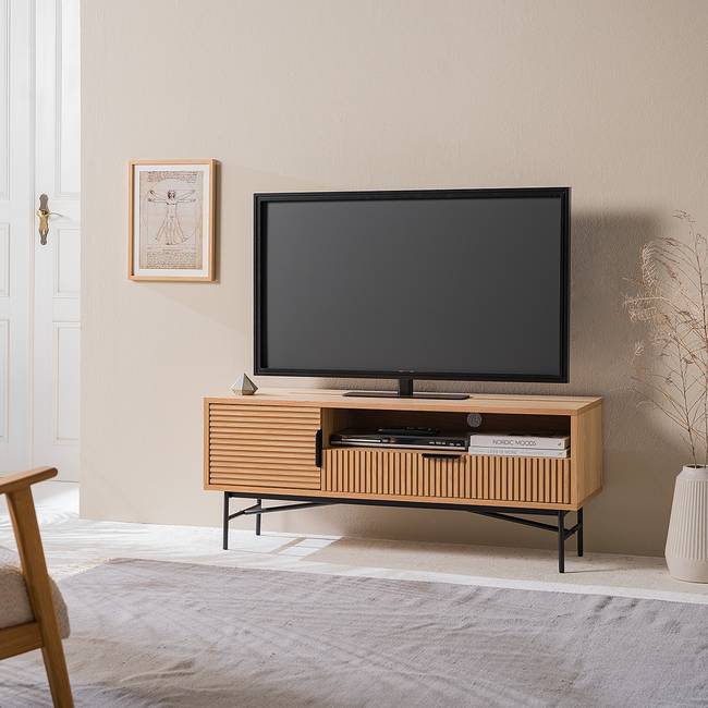 TV-Lowboard - 120 cm Front & Korpus: MDF Mitteldichte Holzfaserplatte , furniert & lackiert Gestell: Metall, lackiert Beige/Eiche 120 x 50 x