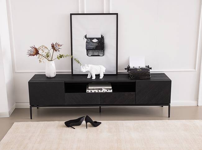 TV-Lowboard mit Schubladen Front & Korpus: MDF Mitteldichte Holzfaserplatte , furniert & lackiert Gestell: Eisen, pulverbeschichtet