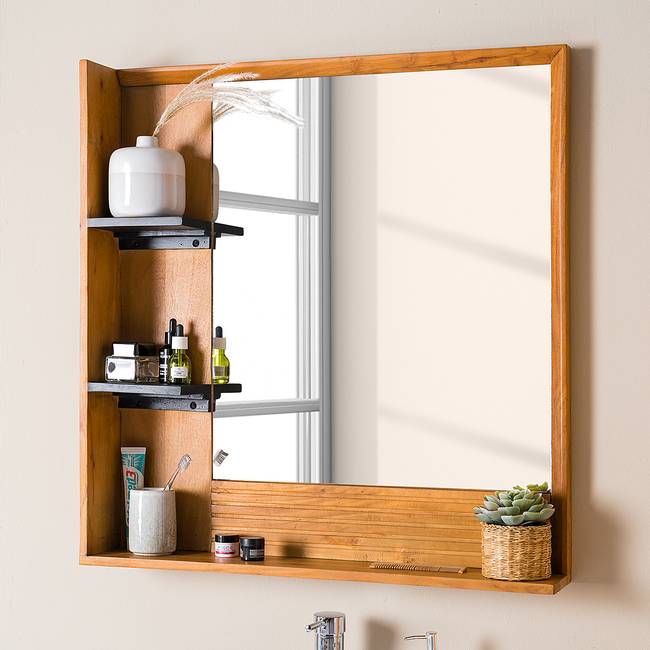 Massiver Spiegel 80 x 85 x 14cm Braun Massivholz Akazie, gewachst 80 x 85 x 14cm