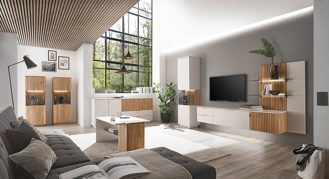 Hänge-Lowboard Absetzung: Massivholz Eiche, geölt Front & Korpus: MDF Mitteldichte Holzfaserplatte , lackiert Braun/Weiß/Weiß 206 x 40 x 42cm