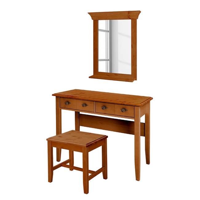 Massiver Schminktisch 3-teilig 102 x 167 x 53cm Braun/Kiefer Bernstein