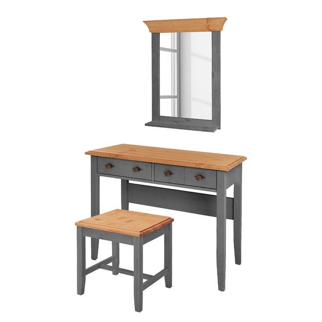 Massiver Schminktisch 3-teilig 102 x 167 x 53cm Grau/Kiefer Grau/Kiefer Laugenfarbig