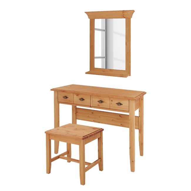 Massiver Schminktisch 3-teilig 102 x 167 x 53cm Braun/Kiefer Laugenfarbig