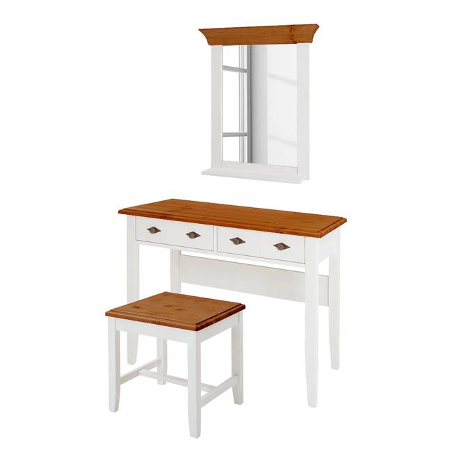 Massiver Schminktisch 3-teilig 102 x 167 x 53cm Weiß/Kiefer Weiß/Kiefer Bernstein