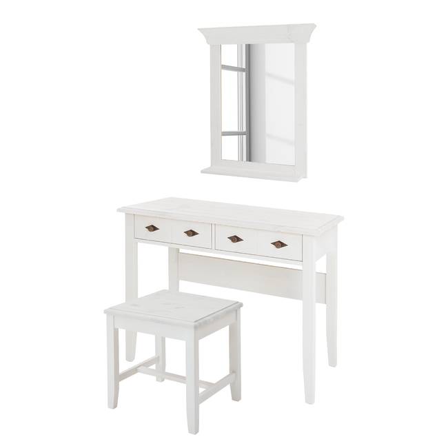 Massiver Schminktisch 3-teilig 102 x 167 x 53cm Weiß/Kiefer Weiß