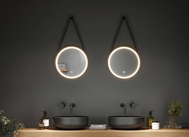 Beleuchteter Spiegel Miro mit Aufhängung Ø 40cm Schwarz Aluminium, lackiert Spiegelglas 40 x 40 x 4cm