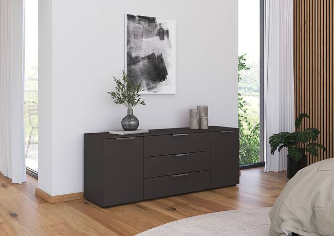 TV-Lowboard Front: Spanplatte, lackiert Korpus: MDF Mitteldichte Holzfaserplatte , lackiert Grau/Grau/Silber 160cm