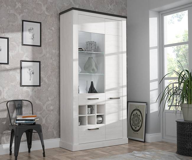 Vitrinenschrank 106 x 211 x 41cm Grau/Weiß