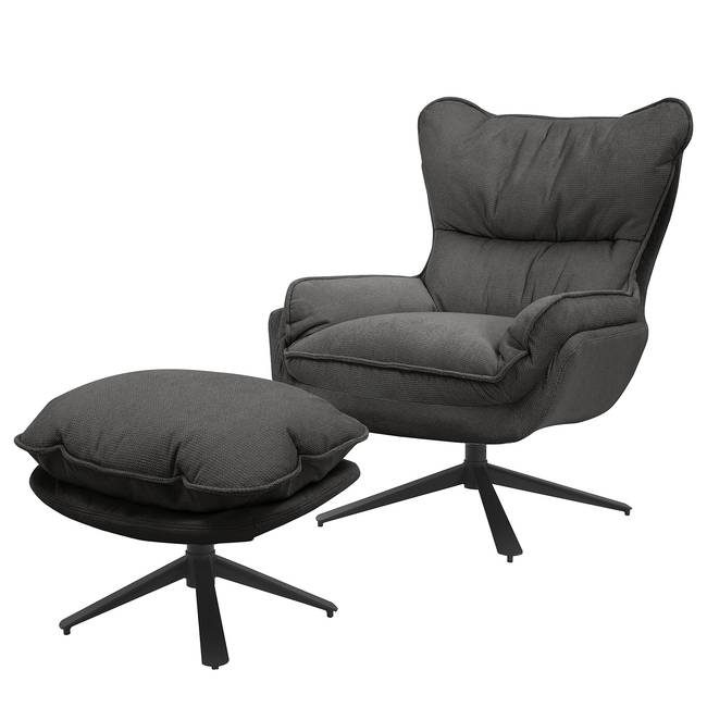 Loungesessel PIPAL mit Hocker Schwarz/Grau/Anthrazit Chenille 80 x 92 x 95cm