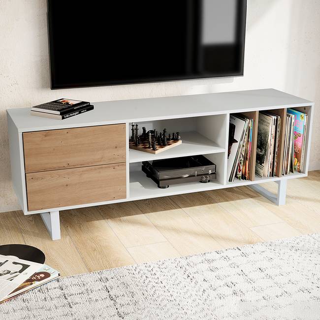 TV-Lowboard Loheta Spanplatte, foliert Weiß/Weiß/Eiche Dekor 150 x 55 x 40cm