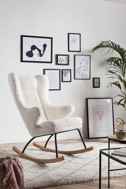 Schaukelsessel Lopnis Weiß/Weiß Teddystoff 66 x 106 x 104cm