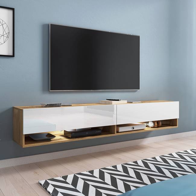 Beleuchtetes TV-Lowboard Mizzau - 180 cm Spanplatte, beschichtet Braun/Weiß/Hochglanz Weiß/Wotaneiche Dekor 180 x 30 x 31cm