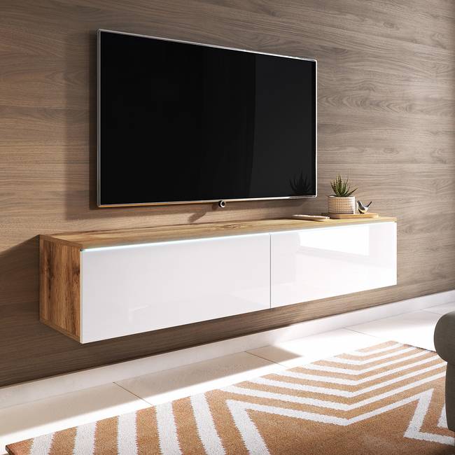 Beleuchtetes TV-Lowboard Minnas - 140 cm Spanplatte, beschichtet Braun/Weiß/Hochglanz Weiß/Wotaneiche Dekor 140 x 30 x 33cm