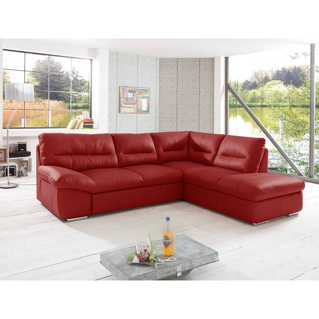 Ecksofa mit Ottomane Rot Echtleder Ramsa 268 x 90 x 216cm Ottomane davorstehend rechts mit Schlaffunktion Modern