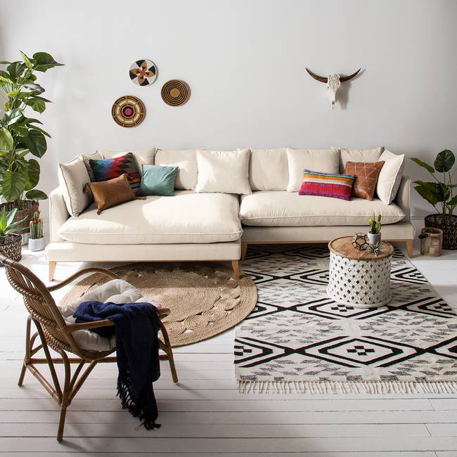 Ecksofa XL Webstoff Beige Stoff Moretey 328 x 92 x 131cm Ottomane davorstehend links Skandi