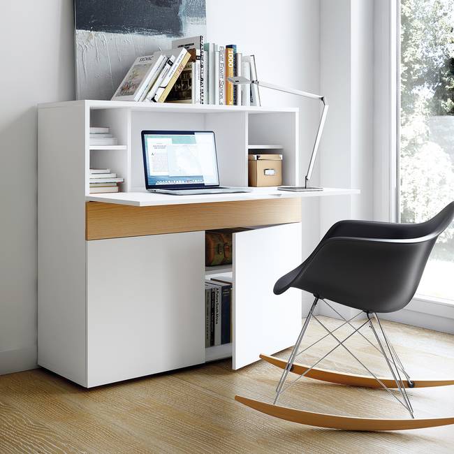 Sekretär Focus 110 x 109 x 42cm Weiß/Weiß/Eiche