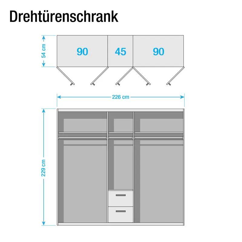 Drehtürenschrank Bingen Typ A 226cm Weiß/Alpinweiß | Weiß