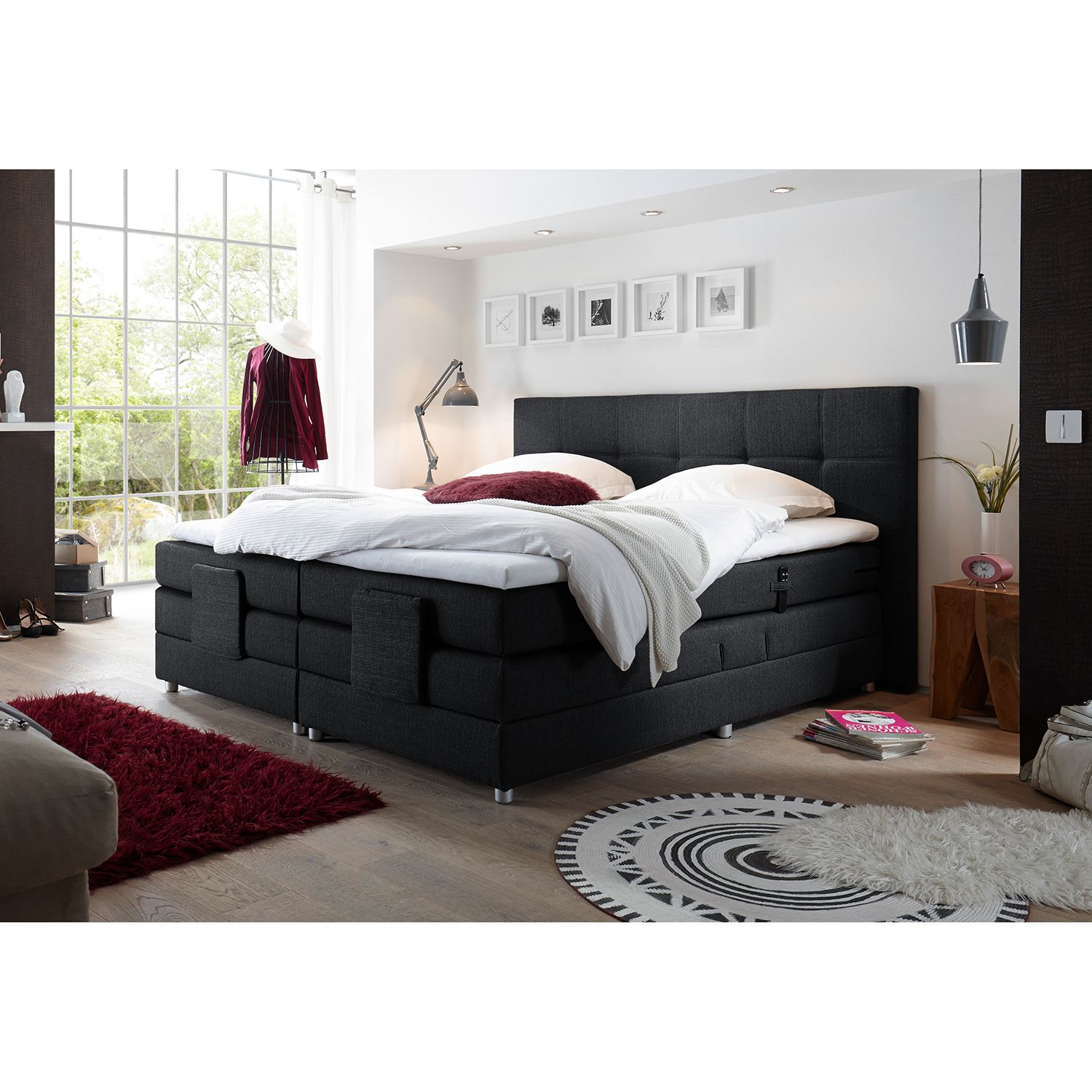 home24 loftscape Boxspringbett Jamana 180x200 cm Webstoff Schwarz Verstellbar mit Fernbedienung inkl. Matratze/Kaltschaumtopper