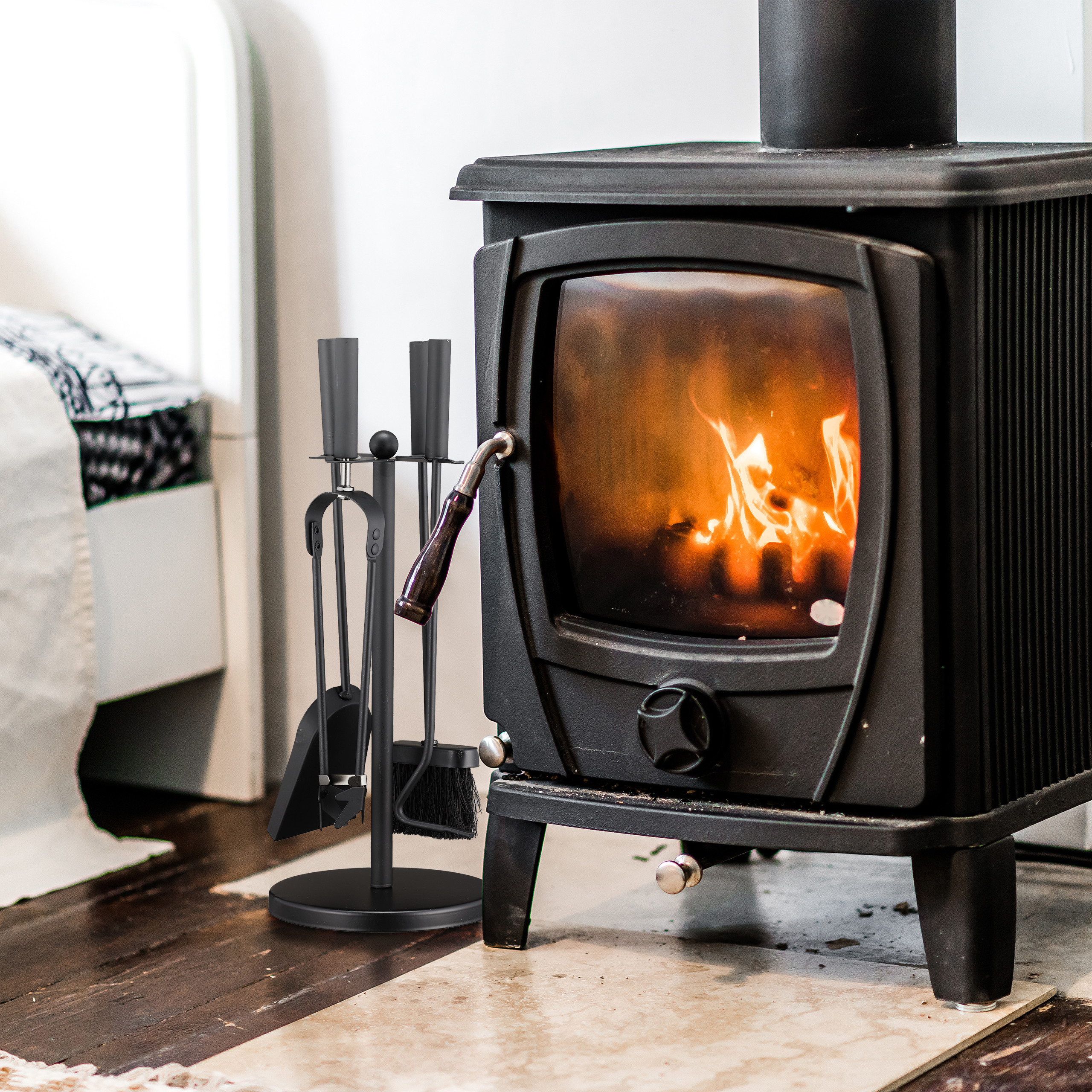 Relaxdays haardset modern, 4-delige haardstel met pook, schep, bezem & houder, openhaardset, zwart