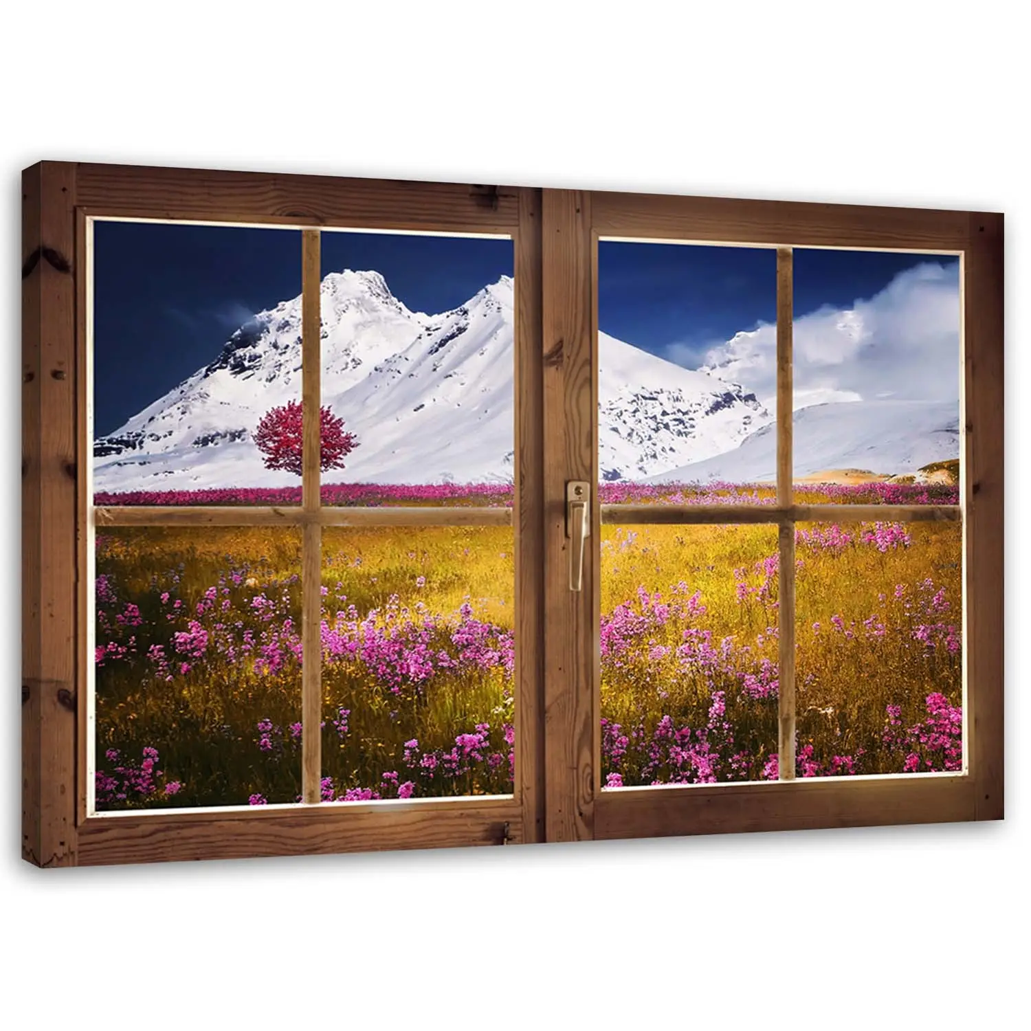 Wandbild Fensterblick Blumen Natur Berg