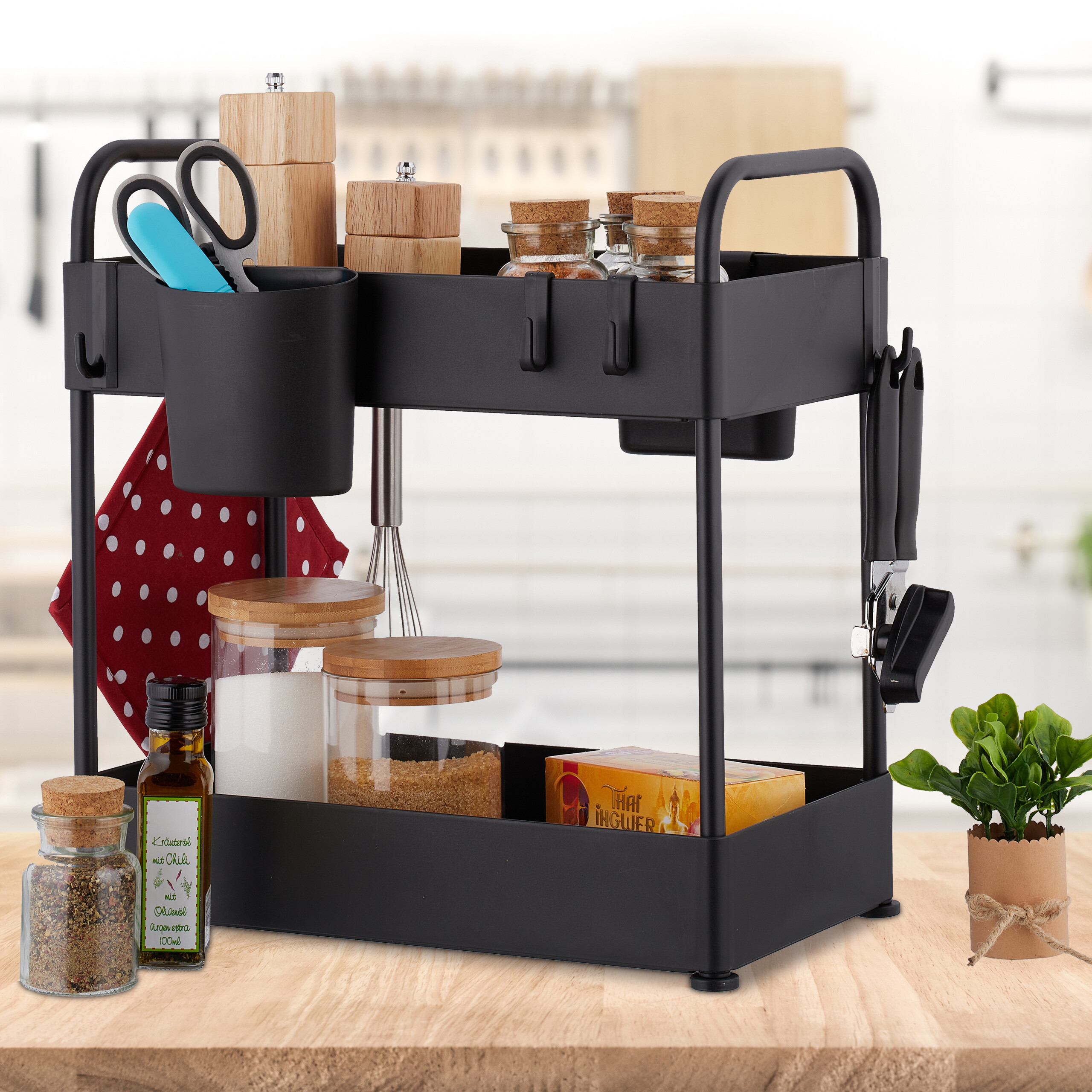 Relaxdays keuken organizer, stapelbare kast-organizer, 3 schuifmanden, metaal, badkamer, HxBxD 35 x 28 x 42,5 cm, zwart