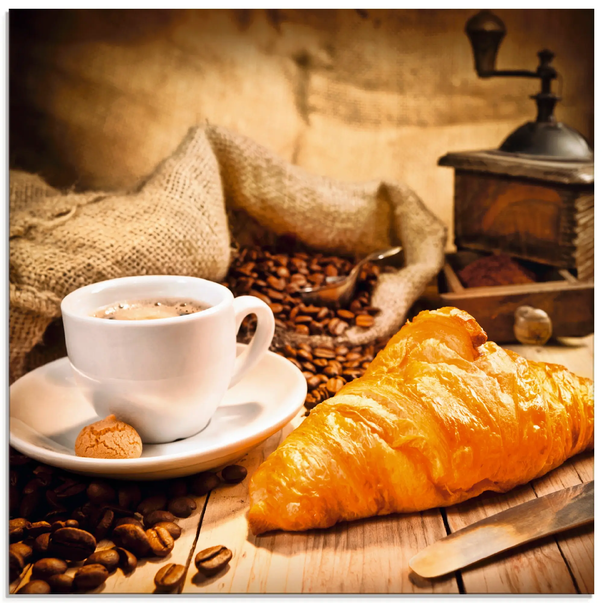 Glasbild Kaffeetasse mit Croissant