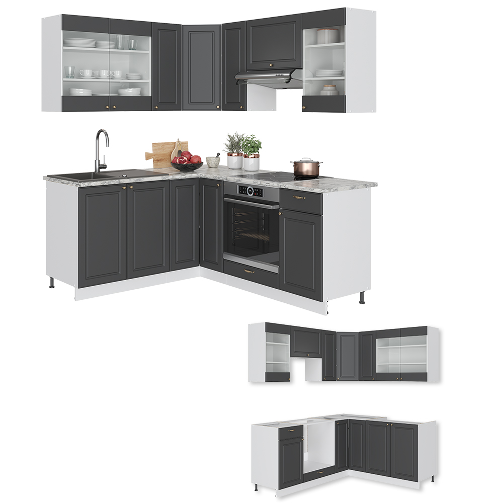 Cuisine en angle Fame-Line, Anthracite-or/blanc, 160 x 190