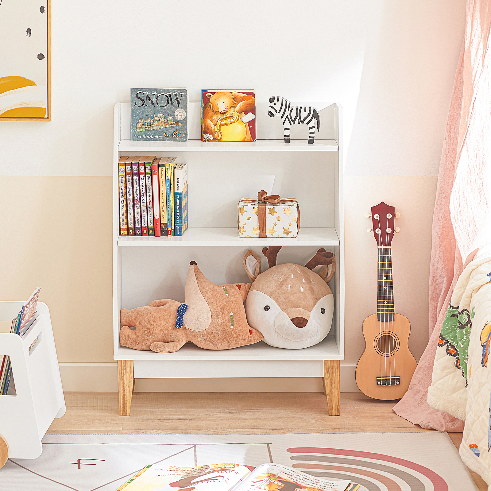 Bibliothèque Enfant 3 Niveaux HOMYLIN - Étagères En Maille Et Plateau MDF - Rangement Livres Et Jouets - Marron - 10