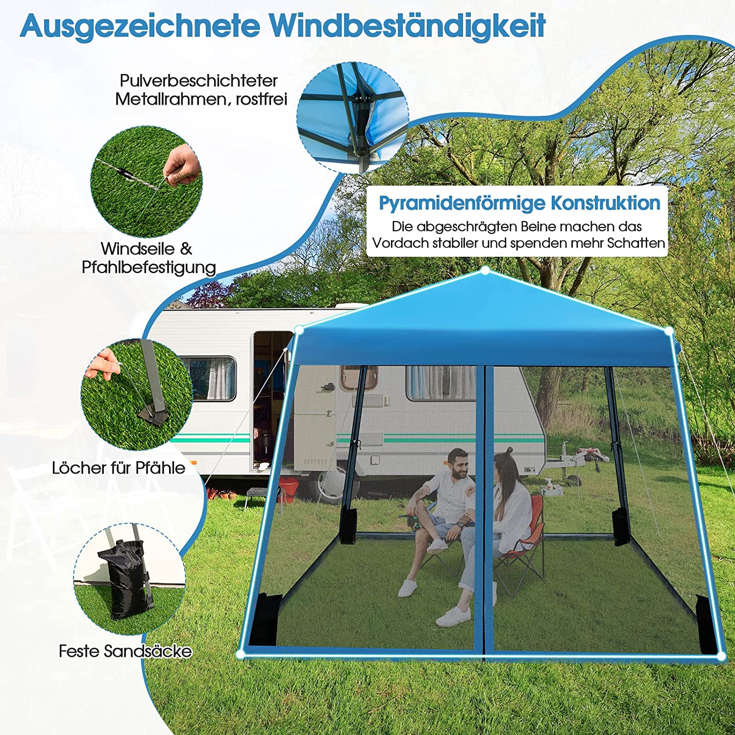 Rotihom Pop-Up-Pavillon 3x3 M – Mit Moskitonetz & Doppeldach – Inkl. Sandsäcke & Windseile