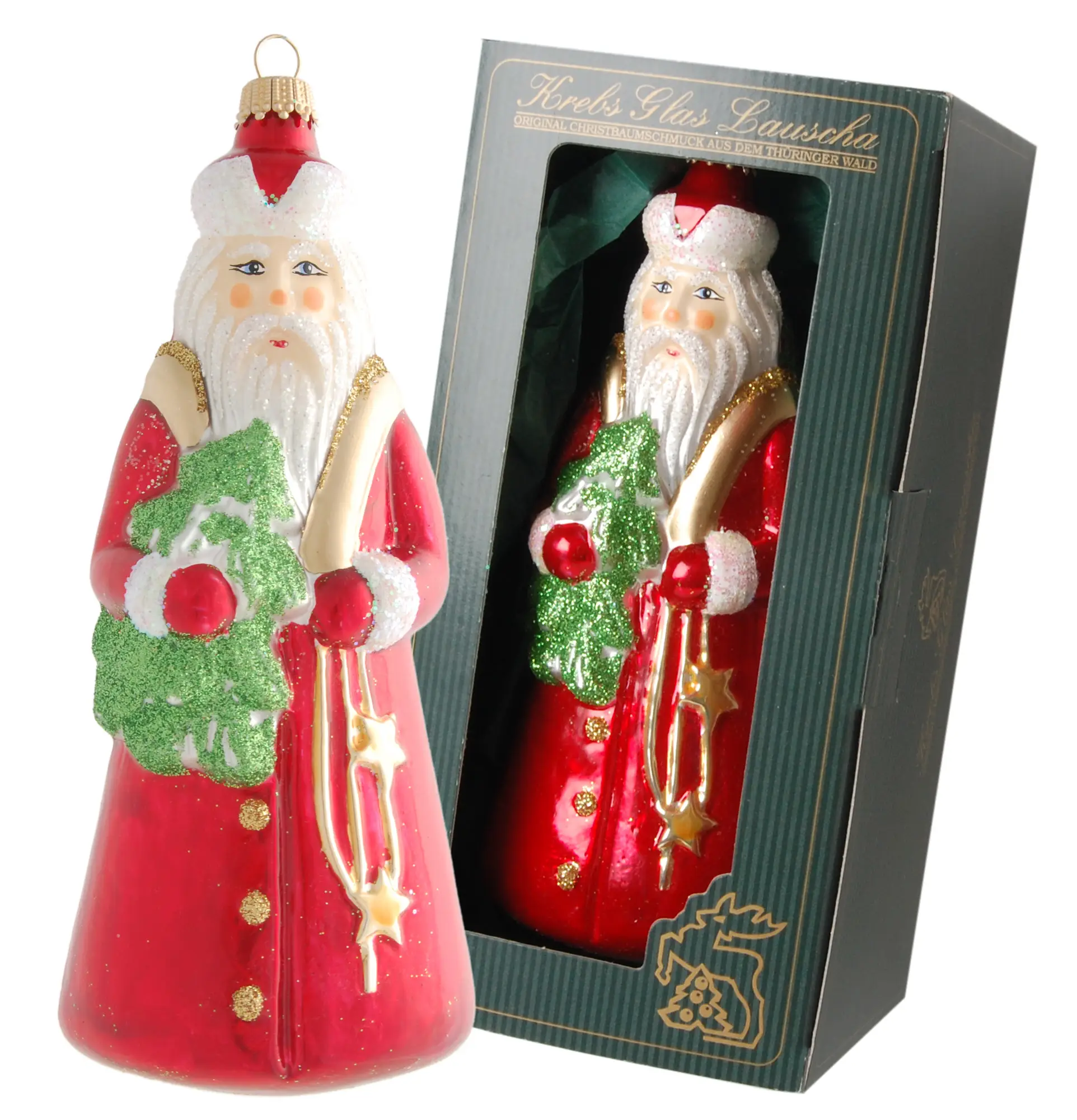 Rot/Gr眉n 15cm Santa mit Baum aus Glas | Girlanden & Hänger