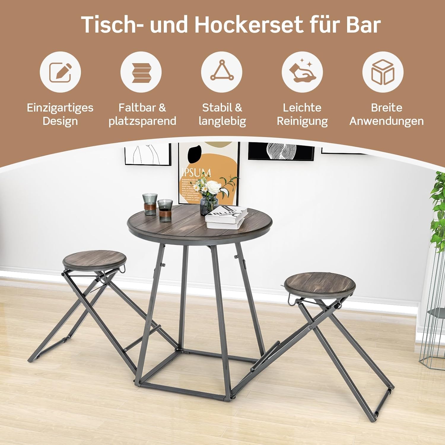 Küchentisch Klein SoBuy FWT65-WN 3-teiliges Bartisch Set Bartisch Mit 2 Barhocker Bistrotisch Küchenbartisch Bartisch Mit Stauraum