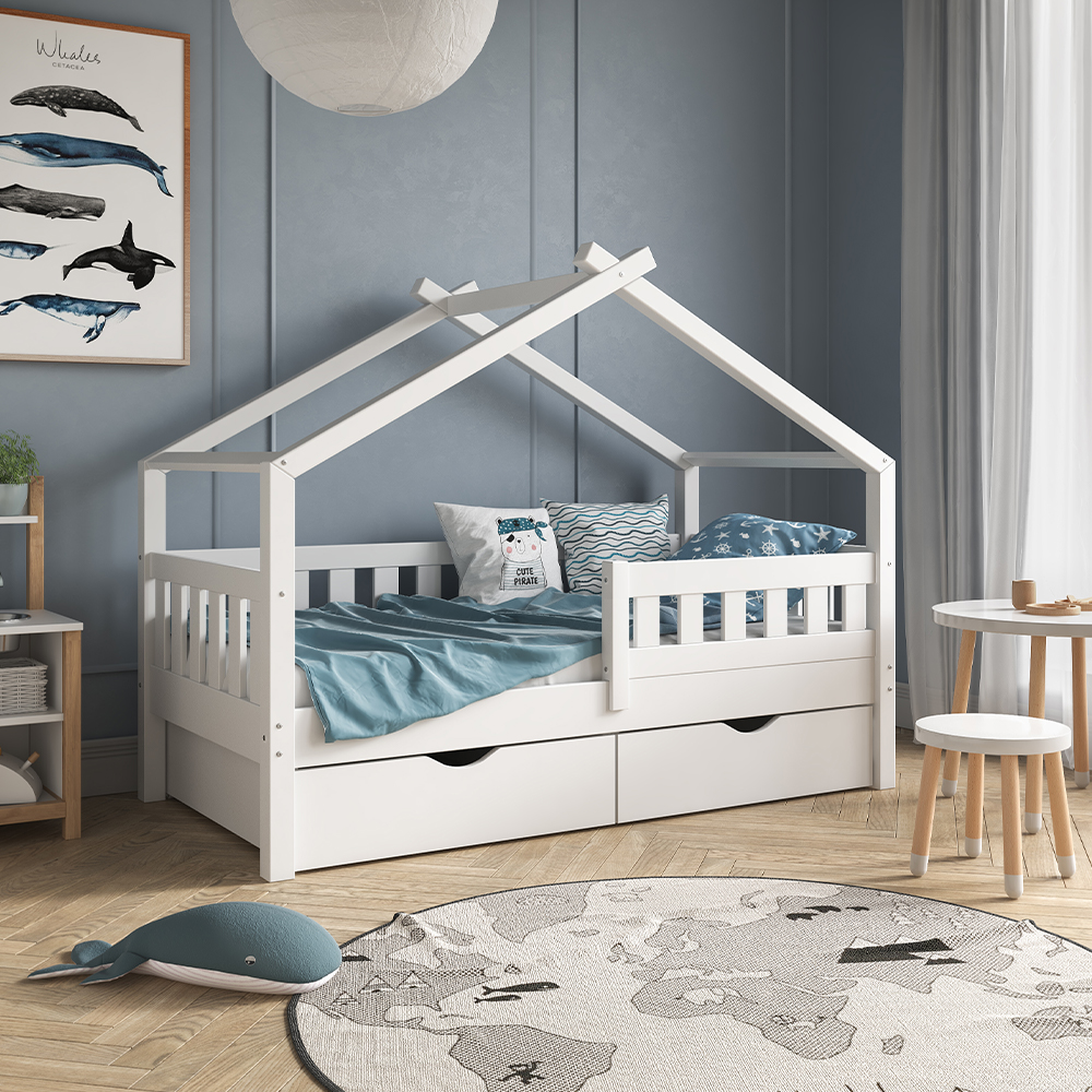 Lit enfant cabane blanc et naturel 90×200 cm avec sommier