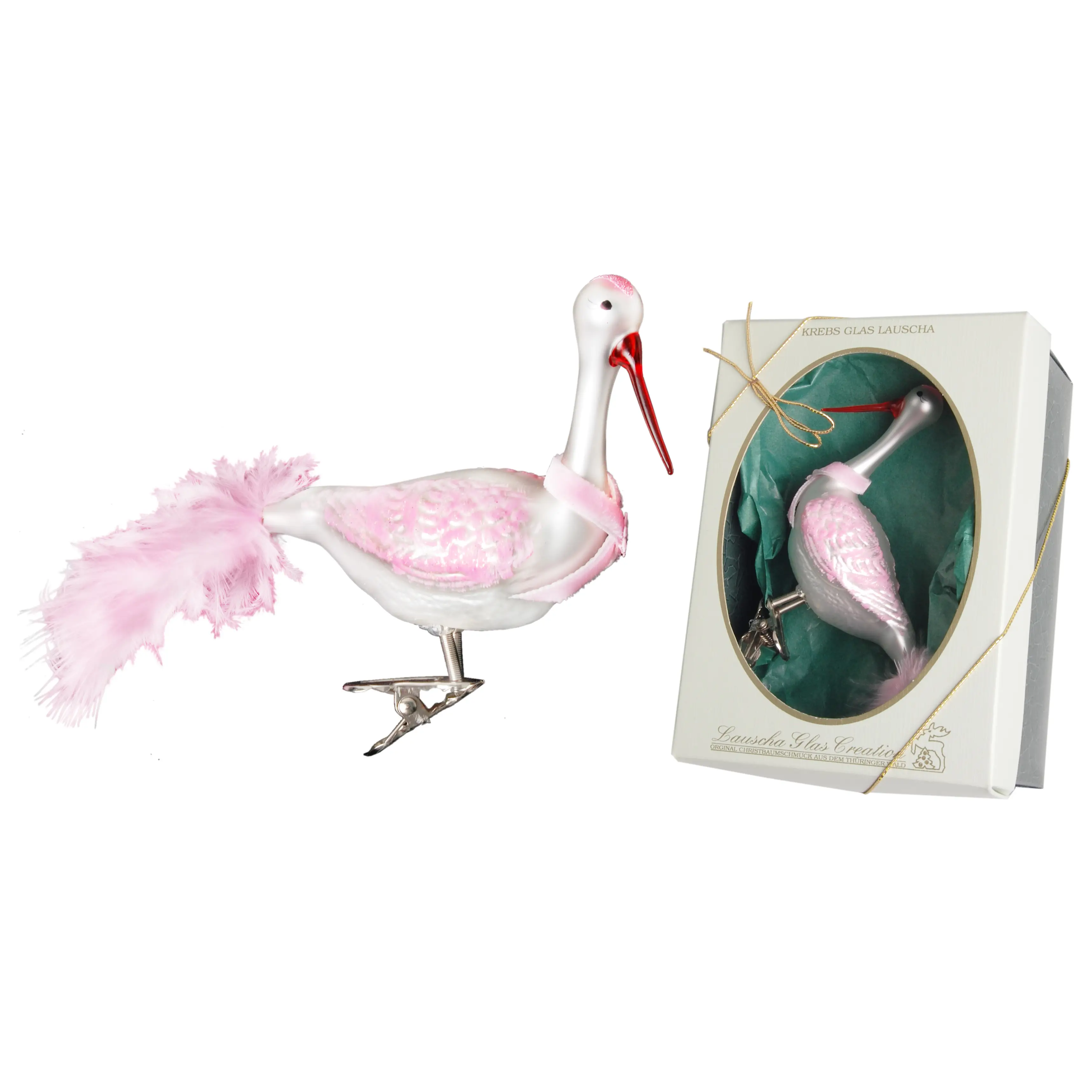 Rosa / Wei脽 12cm Storch aus Glas | Girlanden & Hänger