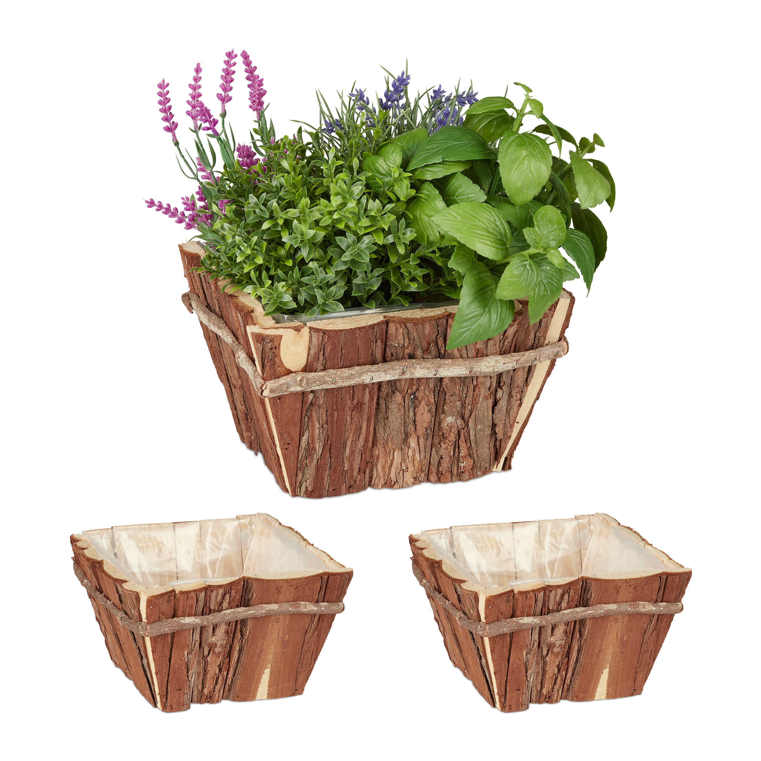 Relaxdays Pots de fleurs extérieur, lot de 3, bois naturel avec