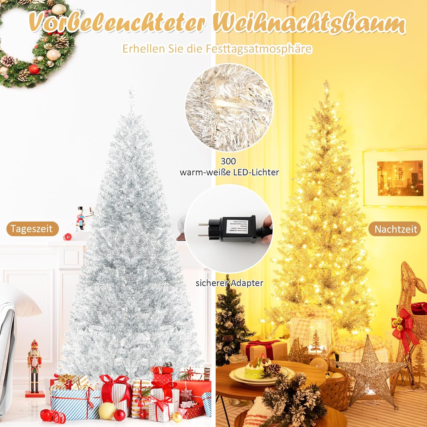 PBK Weihnachtsbaum Aus Lametta – Silbern Mit Roten Kugeln, Festlich & Dekorativ