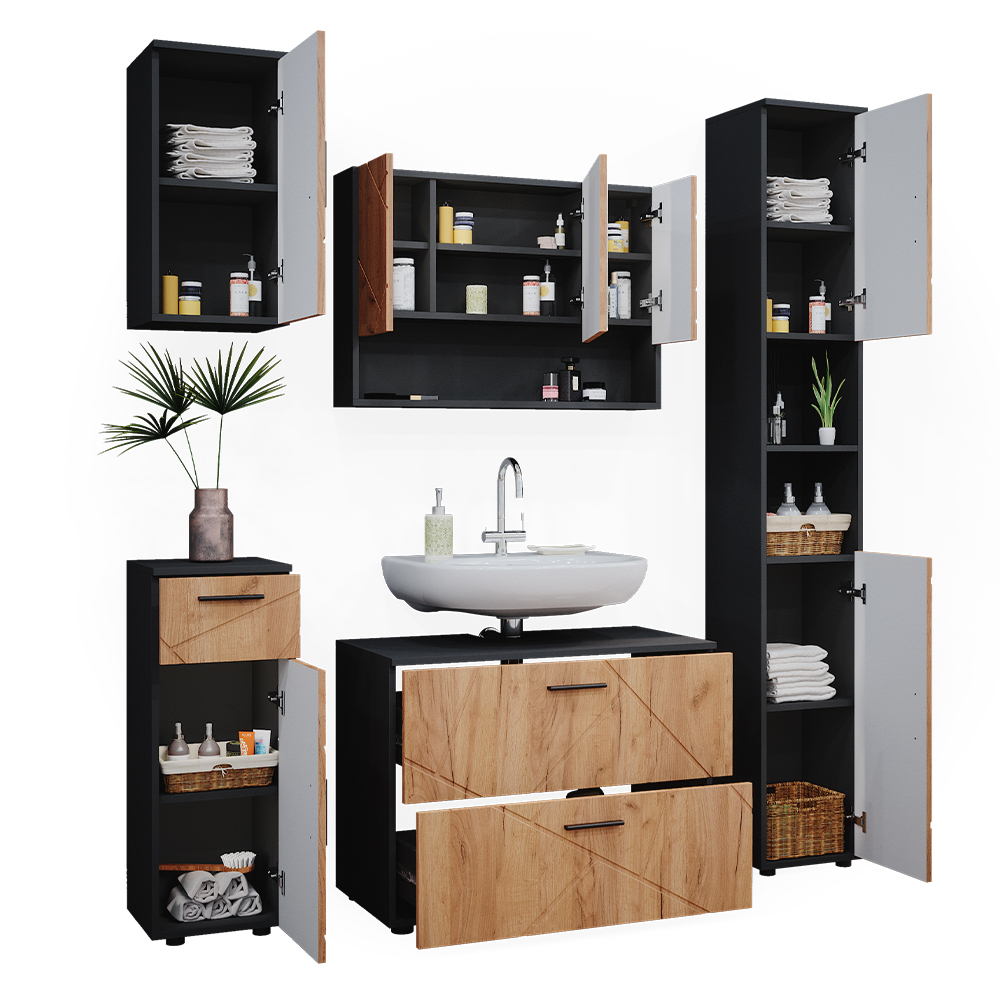 Badkamermeubel set Irma Antraciet Hoogglans 3 delen, met ladeblok en hoge kast Vicco | Antraciet Hoogglans | Stel 9 | 406673105100706