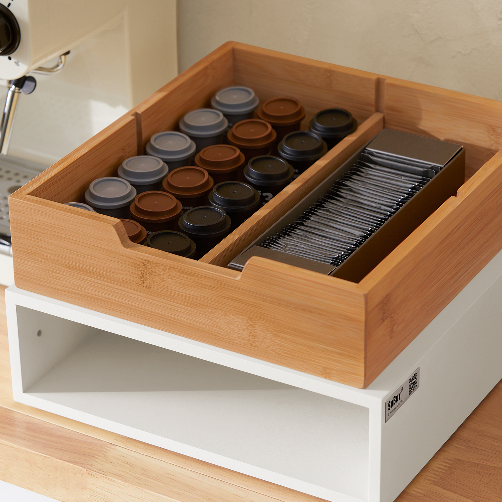SoBuy Boîte à Capsules De Café En Bambou Avec Tiroir - Organisateur FRG179-WN, Blanc - Rangement Pratique Et Élégant