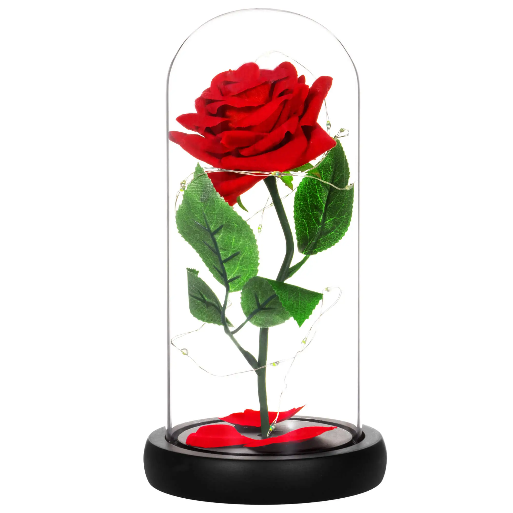 Rose im Glas 22 cm mit LED-Lichterkette