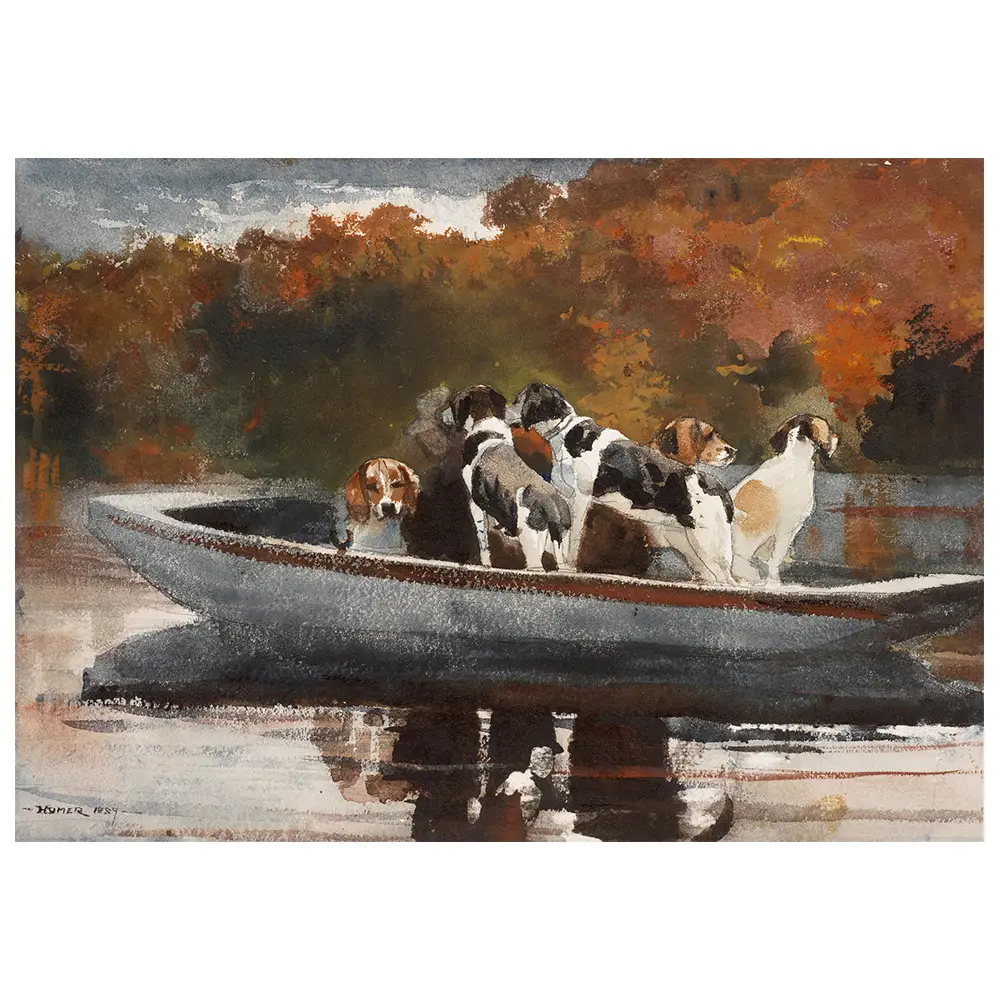 Jagdhunde im Leinwandbild Boot