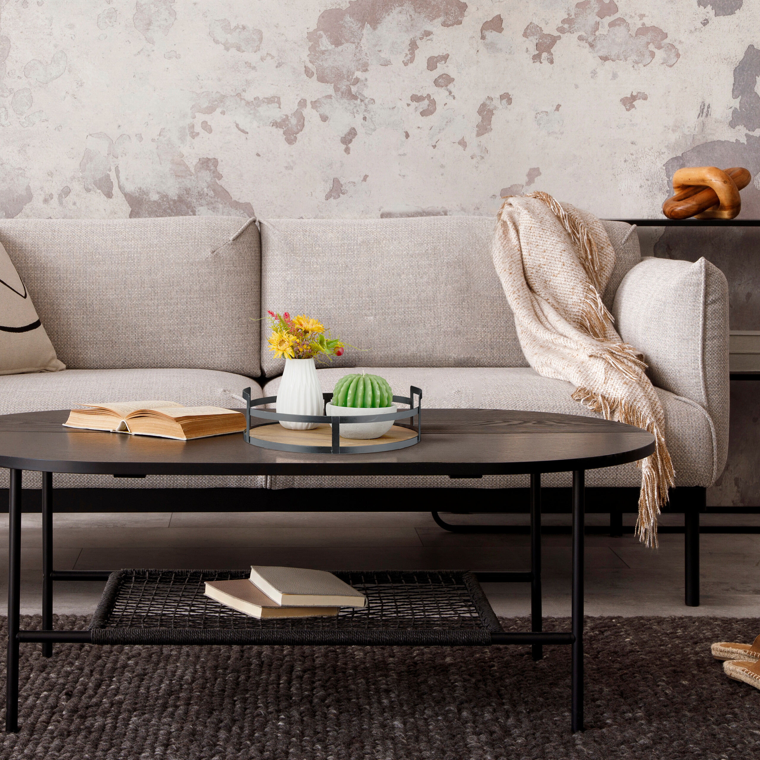 Unique Bargains Plateau De Service Rond En Bois 9 Pieds Plateau Décoratif Pour Maison Cuisine Bougie, Noir