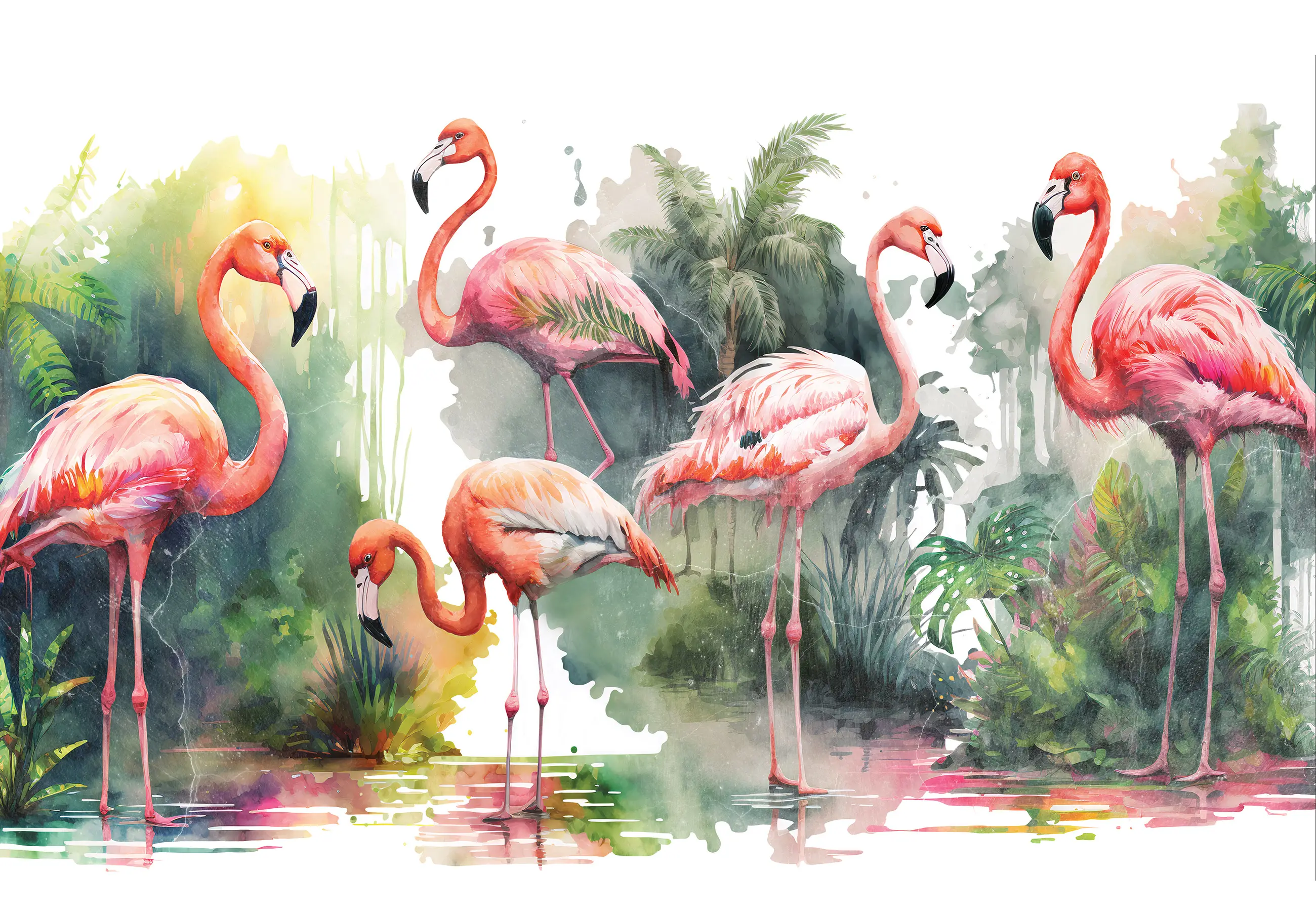 Vlies Flamingos Bl盲tter Fototapete
